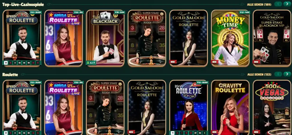 GoKong Casino Live Casino Bereich mit Roulette und Blackjack Spielen Übersicht