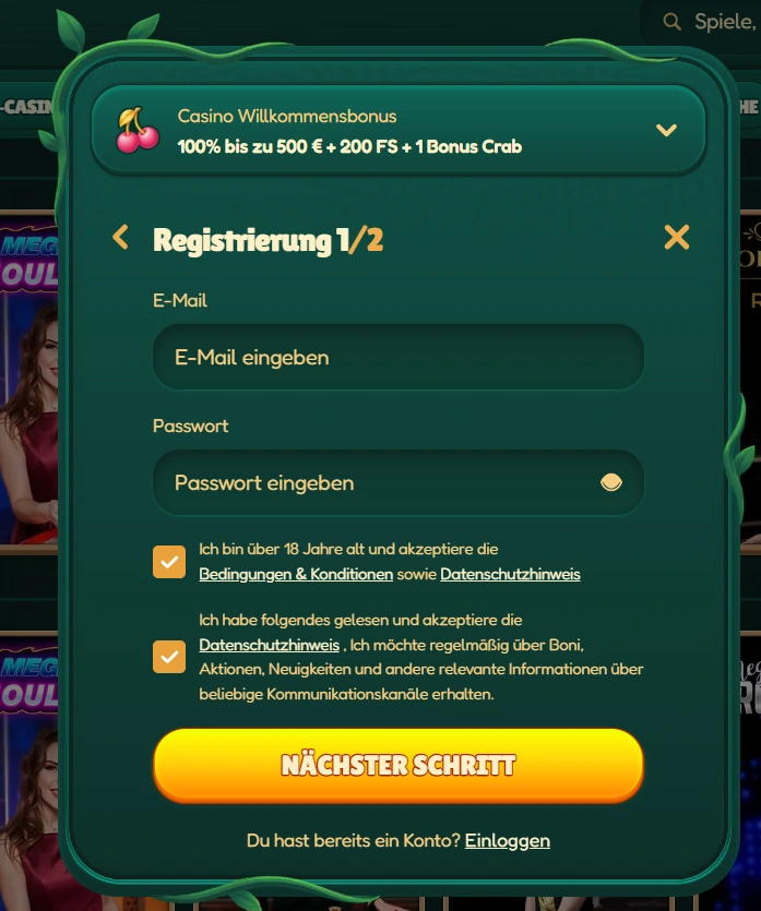 GoKong Casino Registrierungsformular mit Willkommensbonus und Eingabefeldern