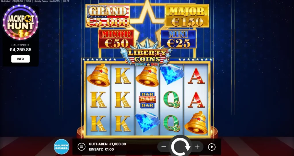 GoKong Casino Slot Liberty Coins im Demo Modus mit Jackpot Anzeige und Spieloberfläche
