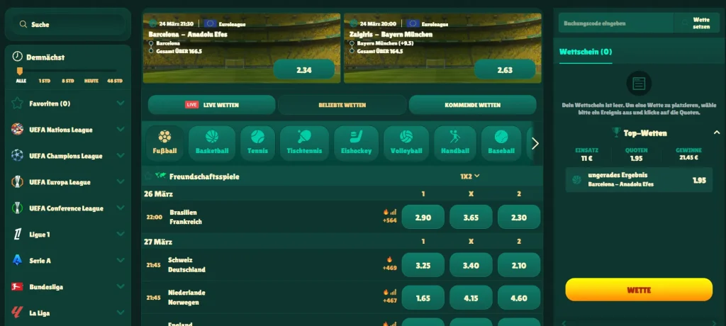 GoKong Casino Sportwetten Bereich mit Live Quoten, Spielen und Wettschein